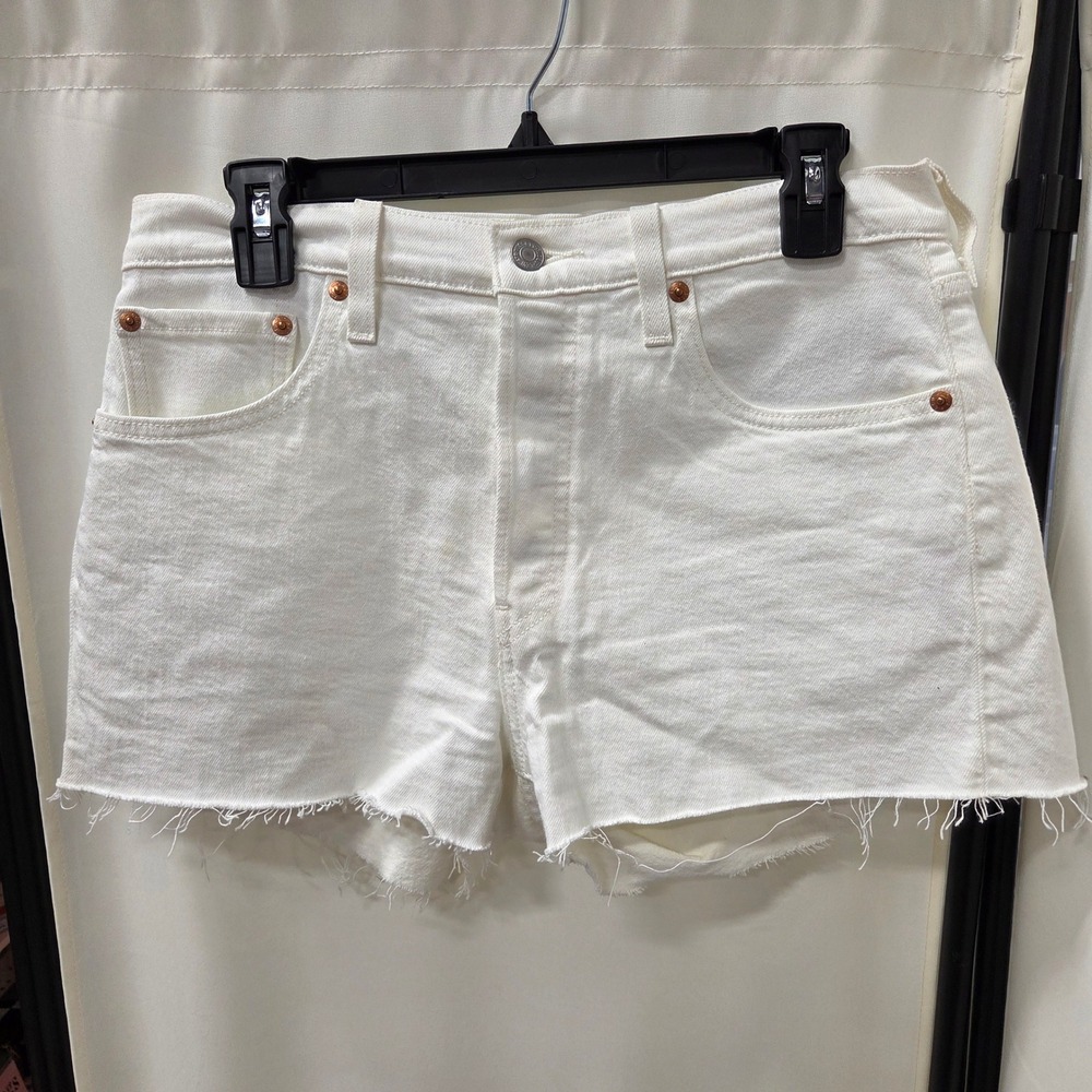 Levis 501 Original High Rise White Denim Cut Off Shorts Button Fly W29